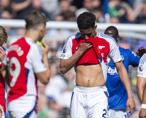 epa12011298 William Saliba of Arsenal reacts during the English Premier League soccer match between Everton FC and Arsenal FC, in Liverpool, Britain, 05 April 2025. EPA/PETER POWELL EDITORIAL USE ONLY ...