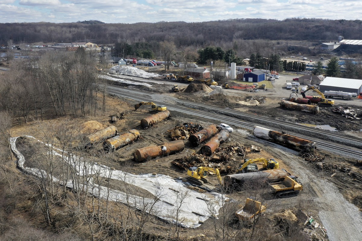 A view of the scene Feb. 24, 2023, as the cleanup continues at the site of of a Norfolk Southern freight train derailment that happened on Feb. 3 in East Palestine, Ohio. Pennsylvania Gov. Josh Shapir ...