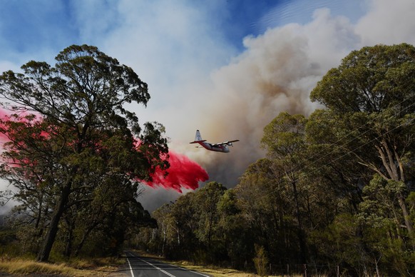 epa07998314 An air tanker drops fire retardant on the Gospers Mountain fire near Colo Heights, New South Wales (NSW), Australia, 15 November 2019. According to media reports, the NSW Rural Fire Servic ...