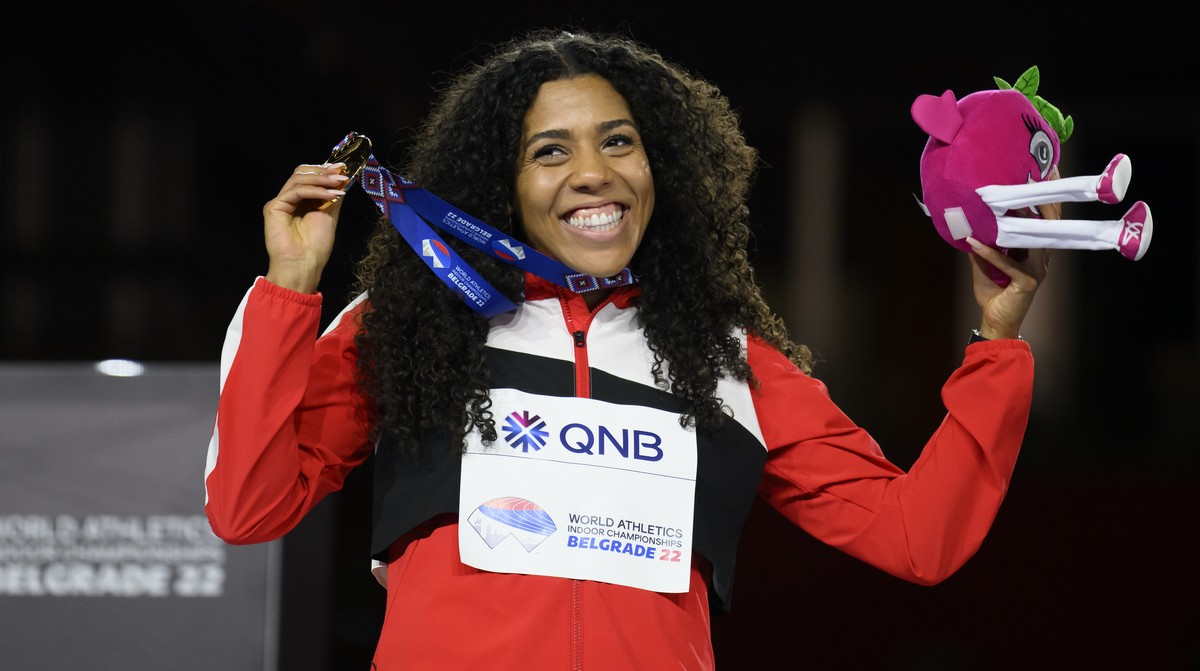 Gold medalist Mujinga Kambundji of Switzerland, celebrates his victory during the medal ceremony of the Women's 60 Metres, at the World Athletics Indoor Championships, at the Stark Arena in Belgr ...