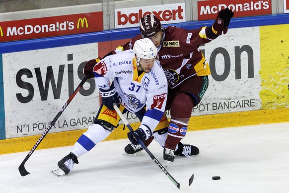 Zug&#039;s defender Elia Riva #37 vies for the puck with Geneve-Servette&#039;s forward Eliot Berthon #92, during a National League regular season game of the Swiss Championship between Geneve-Servett ...
