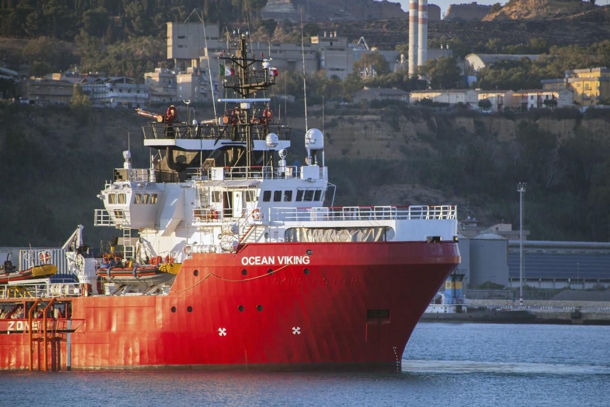 The Ocean Viking rescue ship is moored at Porto Empedocle's harbor, southern Italy, Monday, July 6, 2020. The humanitarian group SOS Mediterranee rescue ship with 180 migrants stranded aboard for ...