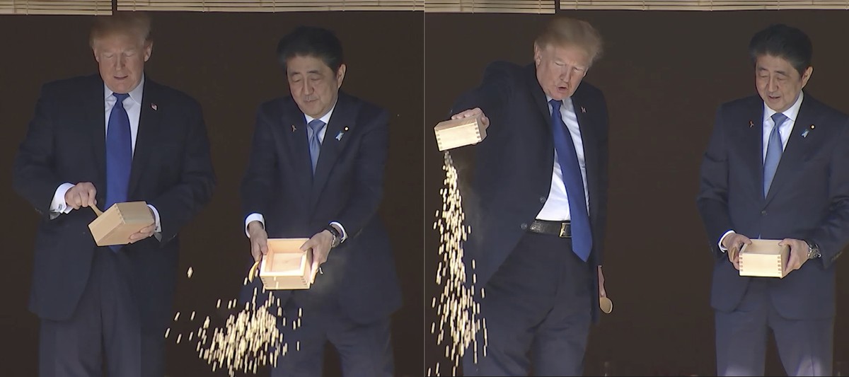 In this combination of images made from video, U.S. President Donald Trump and Japan's Prime Minister Shinzo Abe feed carp at a koi pond before their working lunch at Akasaka Palace in Tokyo, Jap ...