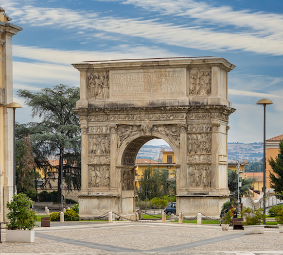 Arch of Trajan, ancient Roman triumphal arch, Benevento, Campania, Italy, Arch of Trajan, ancient Roman triumphal arch, Benevento, Campania, Italy, Arch of Trajan, ancient Roman triumphal arch, Beneve ...