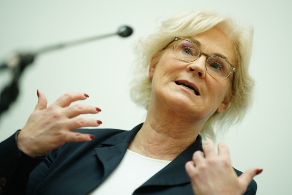 epa10403574 German Defense Minister Christine Lambrecht gestures as she speaks during a joint press statement in Berlin, Germany, 13 January 2023. German Defense Minister Christine Lambrecht gave a jo ...