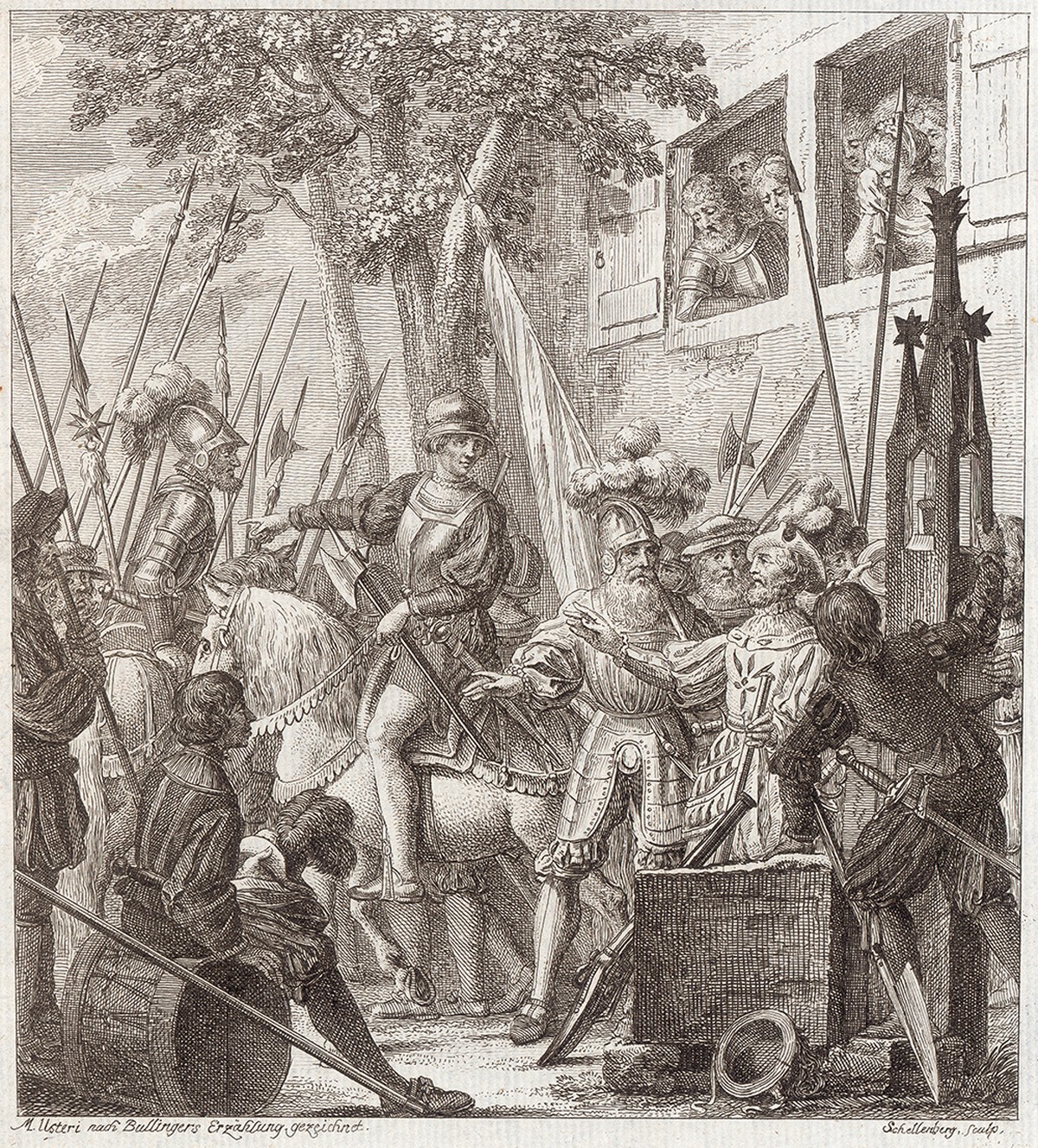 Die Druckgraphik von Johann Martin Usteri (1763 - 1827) und Johann Rudolf Schellenberg (1740 - 1806) zeigt Zwingli zu Pferd umgeben von Kriegsleuten beim Auszug in die Schlacht bei Kappel 1531.