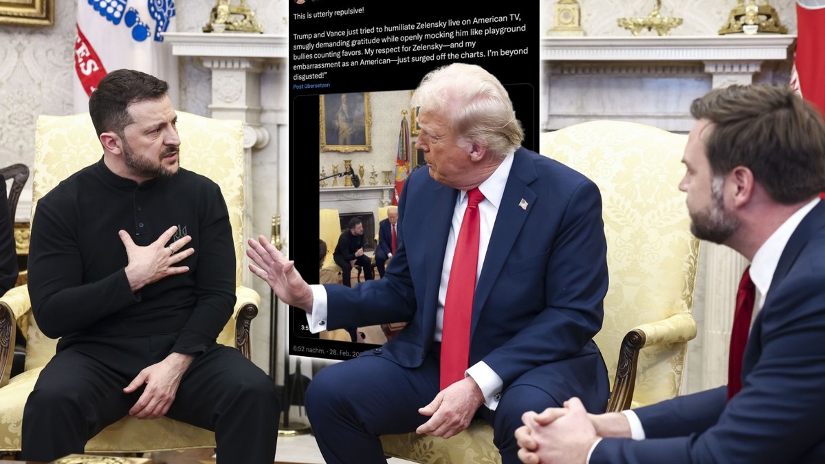 Donald Trump und Wolodymyr Selenskyj geben sich an der Pressekonferenz Saures.
