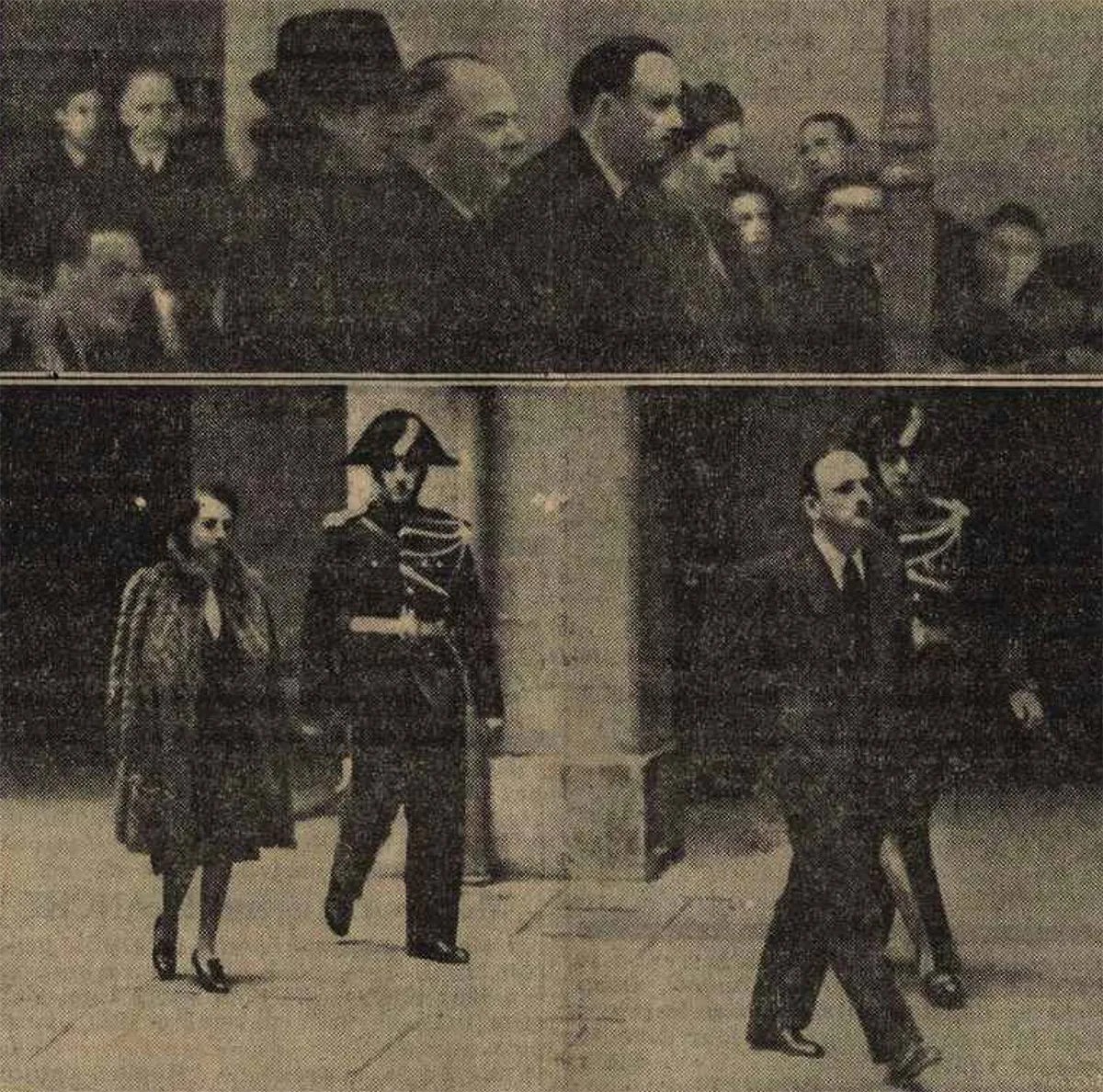Vor Gericht und unter Bewachung: Oben sind (von links) Dolly Rochat, Paul Rochat, Roger Joël und Nina zu sehen. Unten begleiten Gendarmen Nina und Roger Joël durch den Korridor des Genfer Palais de Ju ...