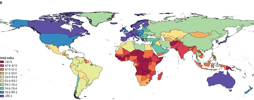 Karte Gesundheitswesen weltweit, HAQ-Index 2015