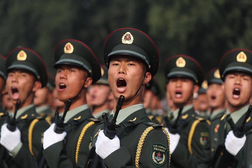 BEIJING, CHINA - OCTOBER 01: Soldiers of the People s Liberation Army prepare for a military parade marking the 70th anniversary of the founding of the People s Republic of China PRC at Tiananmen Squa ...