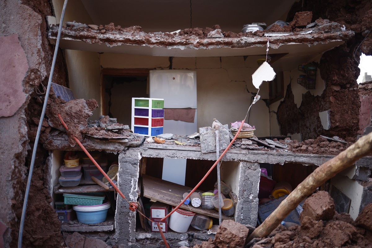epa10853266 A damaged building's kitchen following a powerful earthquake in Ouirgane, south of Marrakesh, Morocco, 10 September 2023. A magnitude 6.8 earthquake that struck central Morocco late 0 ...