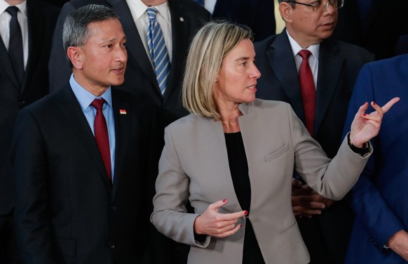 epa07306669 Singapore Foreign Minister Vivian Balakrishnan (L) and European Union Foreign Policy Chief Federica Mogherini pose for a family picture during a EU-ASEAN Ministerial meeting at the Europea ...