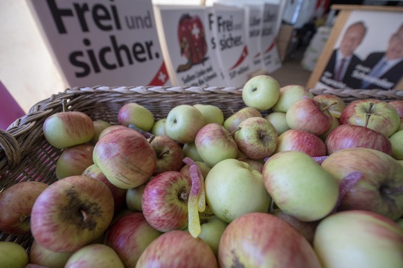 Aepfel und Suesssauerwuermer liegen fuer die SVP Delegierten bereit anlaesslich des Parteifests und Wahlauftakts der SVP Schweiz vom Samstag, 31. August 2019 in Sattel. (KEYSTONE/Urs Flueeler)