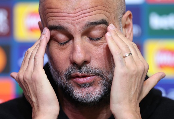 KEYPIX - epa11886217 Manchester City manager Pep Guardiola attends a press conference in Manchester, Britain, 10 February 2025. Manchester City will face Real Madrid in the UEFA Champions League knock ...