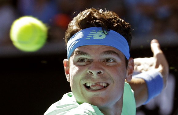 Canada&#039;s Milos Raonic eyes on the ball for a return to Luxembourg&#039;s Gilles Muller during their second round match at the Australian Open tennis championships in Melbourne, Australia, Thursda ...