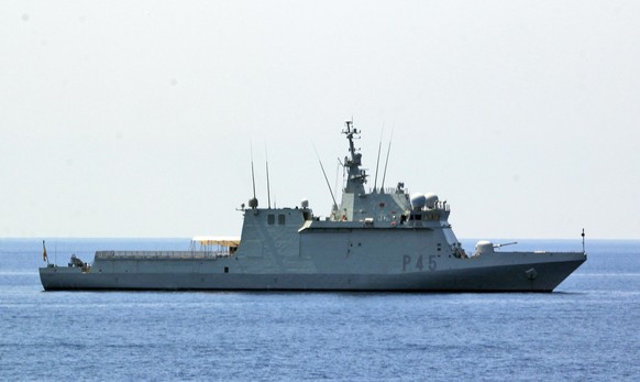 The Spanish Navy&#039;s vessel Audaz, is seen in the port of Lampedusa, Italy, Saturday, Aug. 24, 2019. The Spanish ship will take charge of 15 of the migrants rescued by Spanish NGO Open Arms&#039; s ...