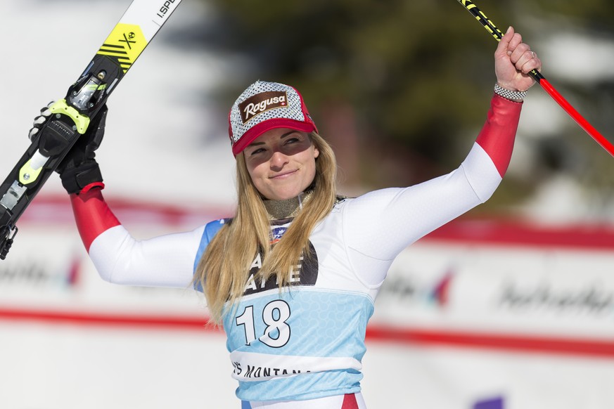 Lara Gut-Behrami of Switzerland reacts in the finish area during the women's Downhill race of the FIS Alpine Ski World Cup season in Crans-Montana, Switzerland, Friday, February 21, 2020. (KEYSTO ...