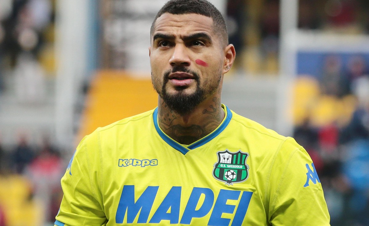 epa07307365 (FILE) - Sassuolo's Kevin-Prince Boateng with a red mark on his face against violence against women during the Italian Serie A soccer match Parma Calcio1913 vs US Sassuolo at Ennio Ta ...