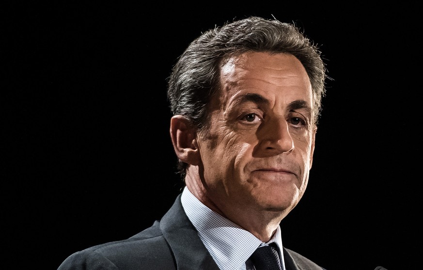 epa09044726 (FILE) - Former French President Nicolas Sarkozy and candidate for the right-wing Les Republicains (LR) party primaries ahead of the 2017 presidential election delivers a speech at a polit ...