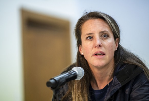 epa12143826 Franziska Biner, State Councillor of Valais, speaks during a press conference after a village was buried in collapse of glacier due to rock fell from the Kleines Nesthorn mountain above Bl ...