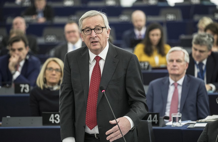European Commission President Jean-Claude Juncker arrives at the European Parliament in Strasbourg, France, Wednesday March 27, 2019. The Parliament discusses the conclusions of the 21-22 March EU sum ...