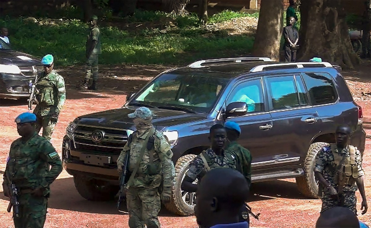 In this image taken from video, President of the Central African Republic Faustin-Archange Touadera arrives at a polling station in Bangui, Central African Republic, Sunday, July 30, 2023. Russia' ...