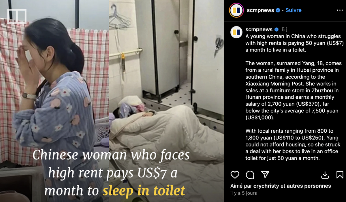 Une jeune femme de 18 ans a trouvé une solution à la crise du logement qui sévit en Chine en vivant dans les toilettes du magasin où elle travaille. Pour 6,27 euros par mois.