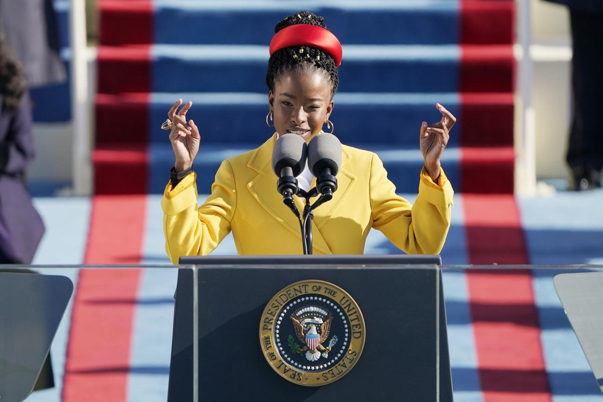 American poet Amanda Gorman reads a poem during the 59th Presidential Inauguration at the U.S. Capitol in Washington, Wednesday, Jan. 20, 2021. (AP Photo/Patrick Semansky, Pool)