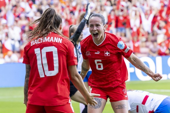 Switzerland&#039;s forward Geraldine Reuteler, right, celebrates her goal with teammate Switzerland&#039;s forward Ramona Bachmann, left, after scoring the 1:1, during the UEFA Women&#039;s England 20 ...