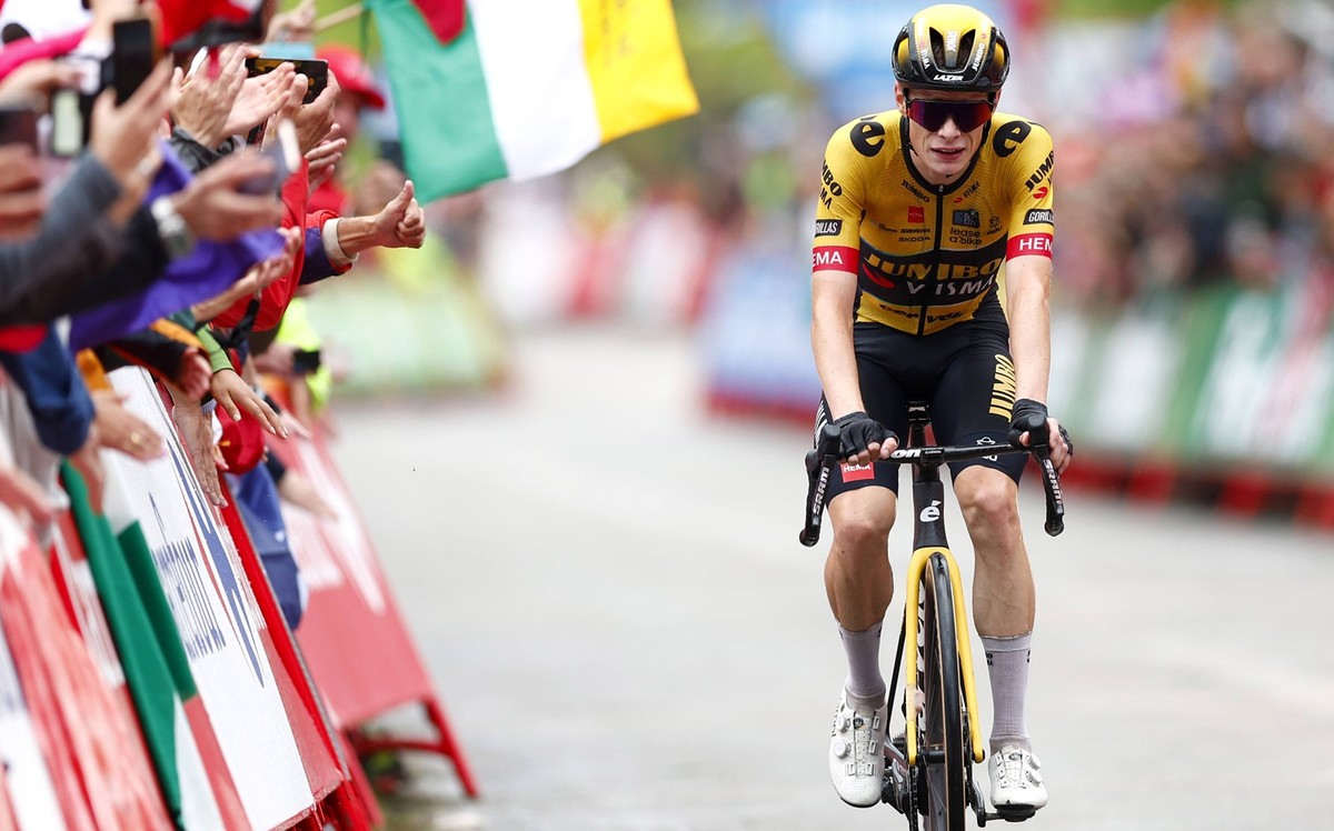 Danish Jonas Vingegaard of Jumbo-Visma pictured in action to win alone the stage 16 of the 2023 edition of the Vuelta a Espana , from Liencres Playa to Bejes 120,1 km, in Spain, Tuesday 12 September 2 ...