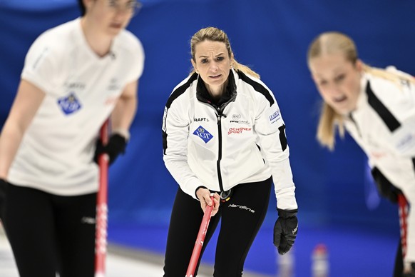Silvana Tirinzoni, Switzerland, in action during the match between Sweden and Switzerland during the semi finals of the LGT World Women&#039;s Curling Championship at Goransson Arena in Sandviken, Swe ...