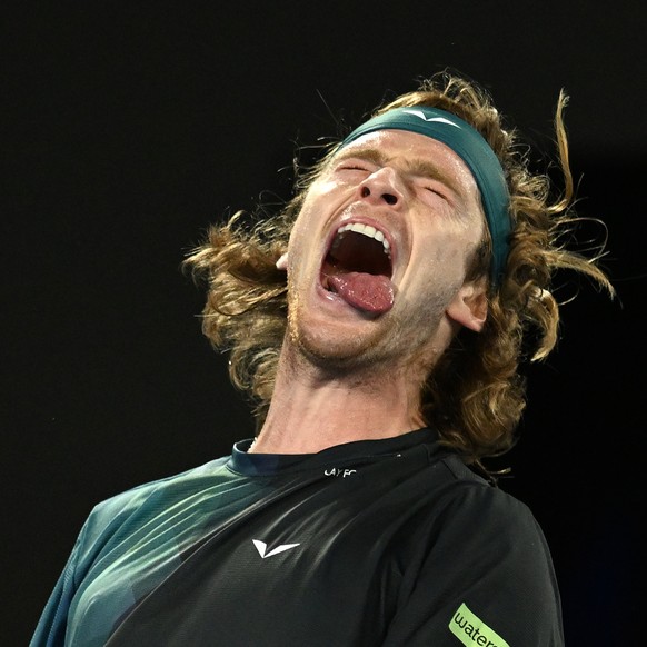 epa11093858 Andrey Rublev of Russia reacts during his 4th round match against Alex de Minaur of Australia on Day 8 of the 2024 Australian Open at Melbourne Park in Melbourne, Australia, 21 January 202 ...
