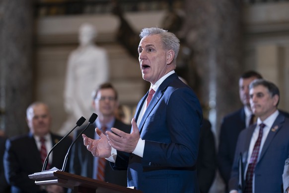 House Speaker Kevin McCarthy, R-Calif., holds a ceremony to invalidate the DC crime bill at the U.S. Capitol in Washington, Friday, March 10, 2023. (AP Photo/J. Scott Applewhite) Kevin McCarthy