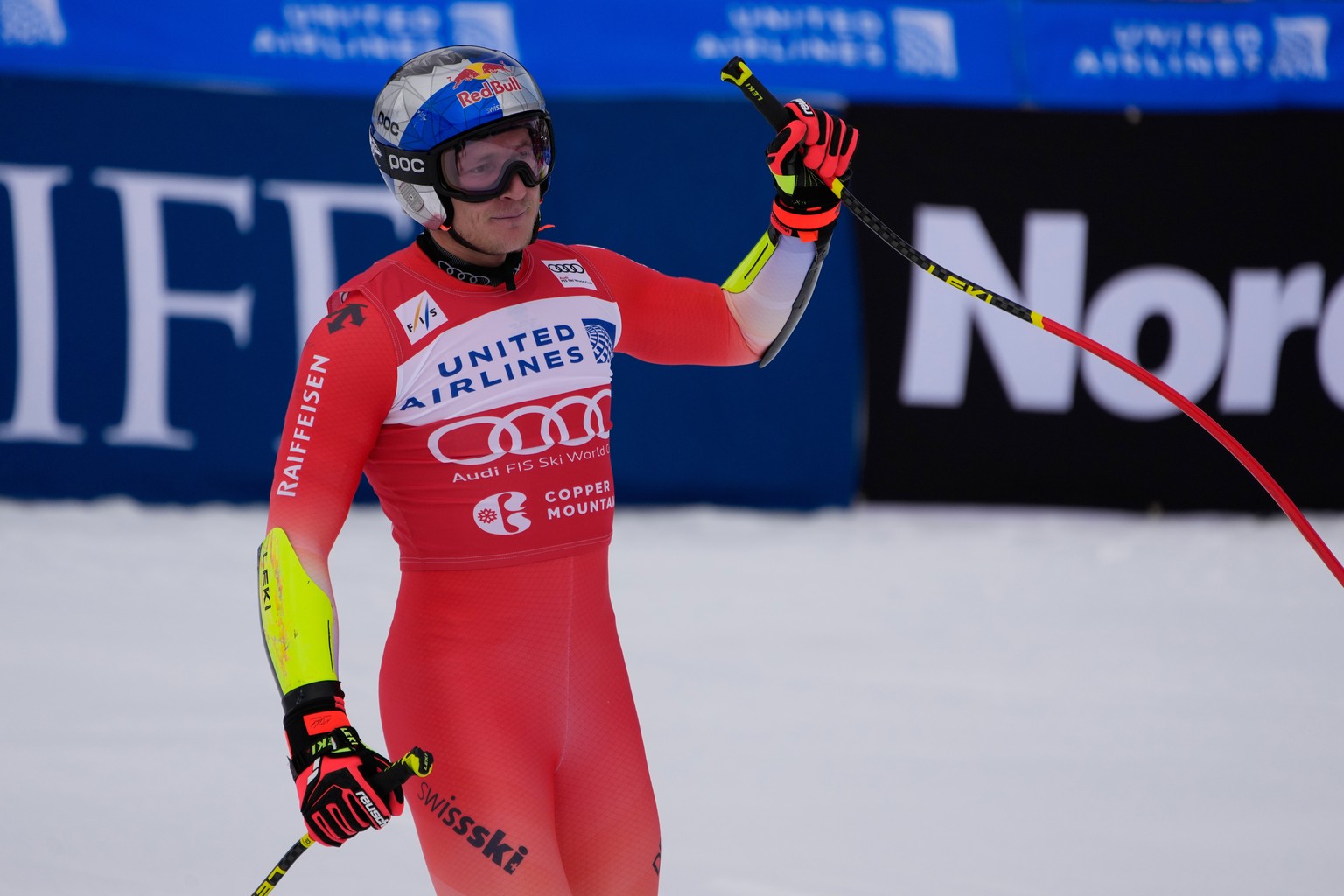 Switzerland&#039;s Marco Odermatt reacts after competing during a World Cup men&#039;s super-G skiing race, Thursday, Nov. 27, 2025, in Copper Mountain. (AP Photo/John Locher)
United States World Cup  ...