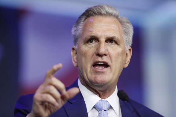 epa09568789 Republican House Minority Leader Kevin McCarthy speaks during the 2021 Republican Jewish Coalition National Leadership Meeting at the Venetian hotel and casino in Las Vegas, Nevada, USA, 0 ...