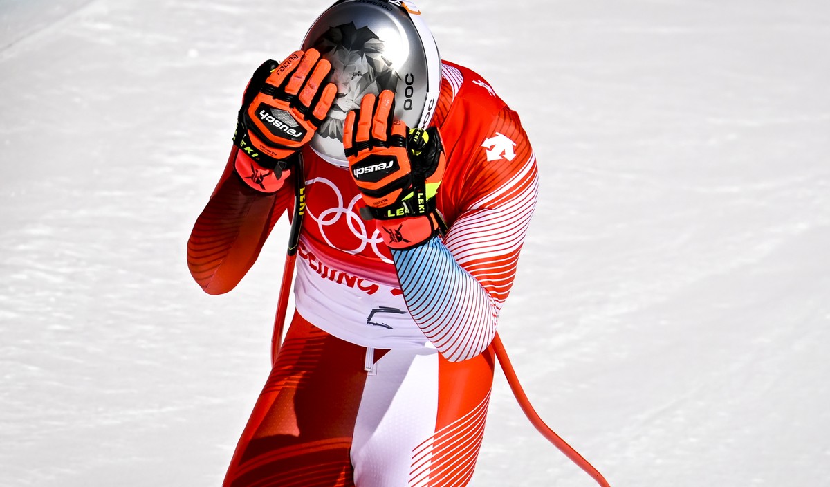 Marco Odermatt of Switzerland reacts in men's downhill training at the at the 2022 Olympic Winter Games in Yanqing, China, on Thursday, February 3, 2022. (KEYSTONE/Jean-Christophe Bott)..