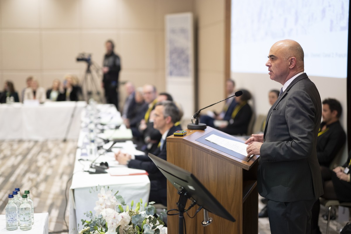 epa10407327 Swiss Federal President Alain Berset during his opening remarks at the 'Davos Alliance' (conference of ministers of culture) on the sideline of the 52nd annual meeting of the Wor ...