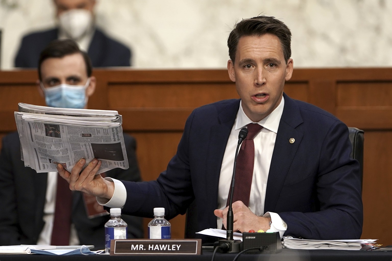 Sen. Josh Hawley, R-Mo., speaks during the confirmation hearing for Supreme Court nominee Amy Coney Barrett at the Senate Judiciary Committee on Capitol Hill in Washington, Monday, Oct. 12, 2020. (Gre ...