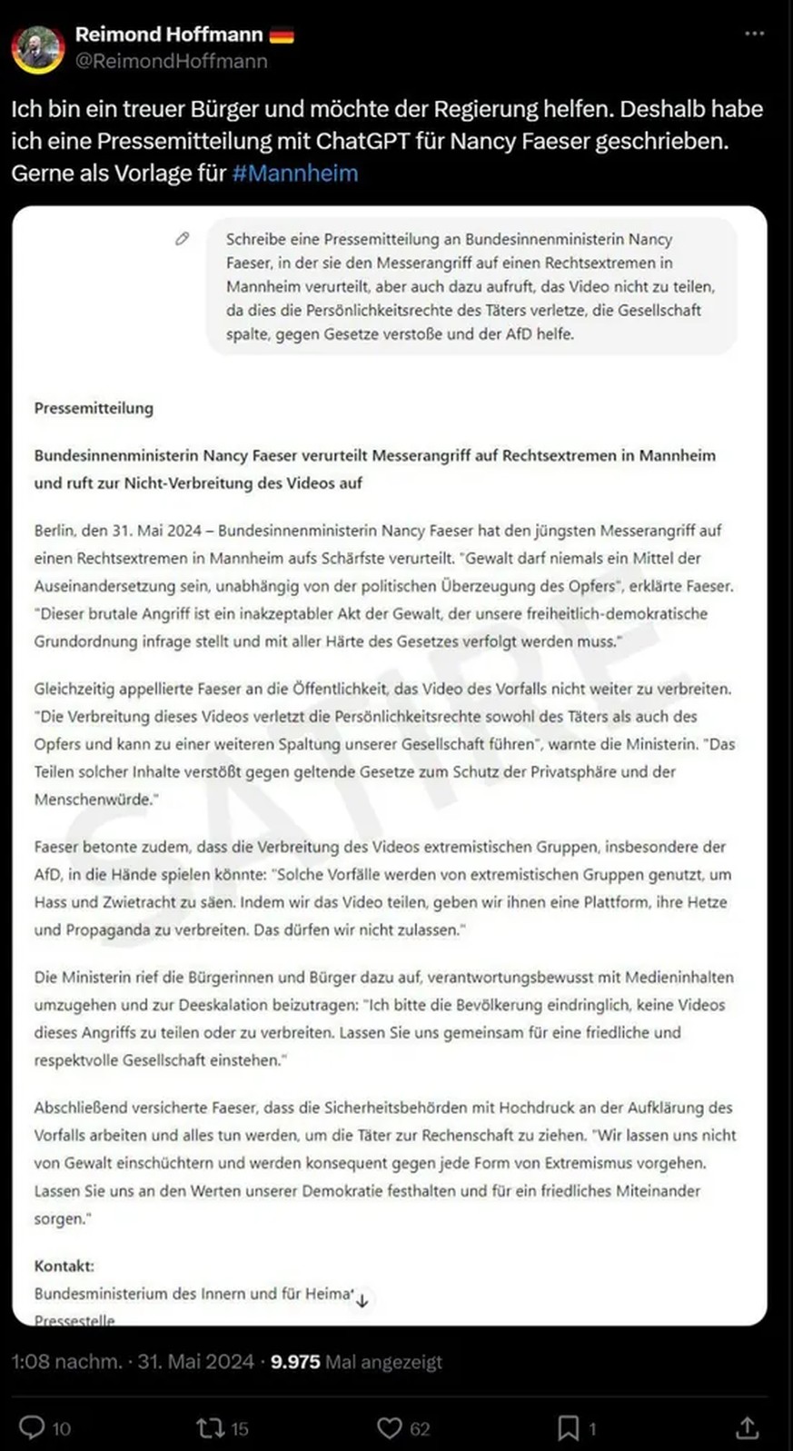 «Hilfe für die Regierung»: AfD-Politiker Raimond Hoffmann hatte von der KI die Fake-Pressemitteilung erfinden lassen, die Alice Weidel dann empört als echte Erklärung von Nancy Feaser verkaufte.