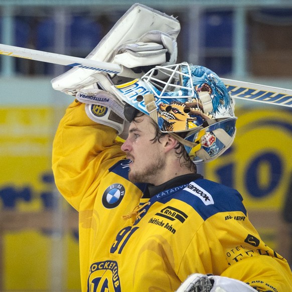 Davos&#039; Goalie Gilles Senn im sechste Eishockey-Spiel der Abstiegsrunde der National League zwischen den Rapperswil-Jona Lakers und dem HC Davos, am Samstag, 23. Maerz 2019, in der St. Galler Kant ...
