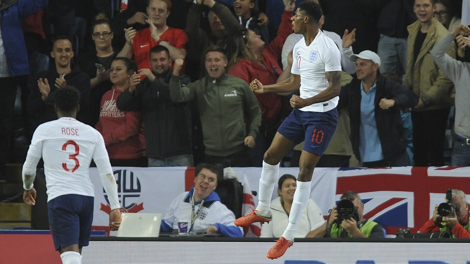 England&#039;s Marcus Rashford celebrates after scoring his side&#039;s first goal during the International friendly soccer match between England and Switzerland at the King Power Stadium in Leicester ...