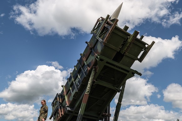 epa13020155 A Patriot anti-aircraft missile system is on display during the German Armed Forces Day at the Laage Air Base, located within the Rostock-Laage Airport area, Germany, 06 June 2026. EPA/FIL ...