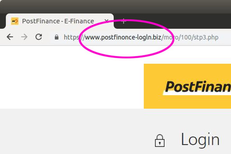 Zum Beispiel www.postfinonce statt www.postfinance.
