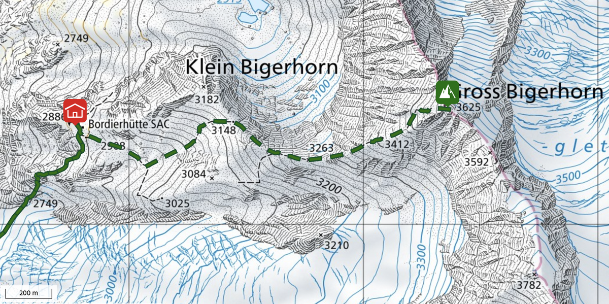 Le chemin entre la cabane Bordier et le sommet.