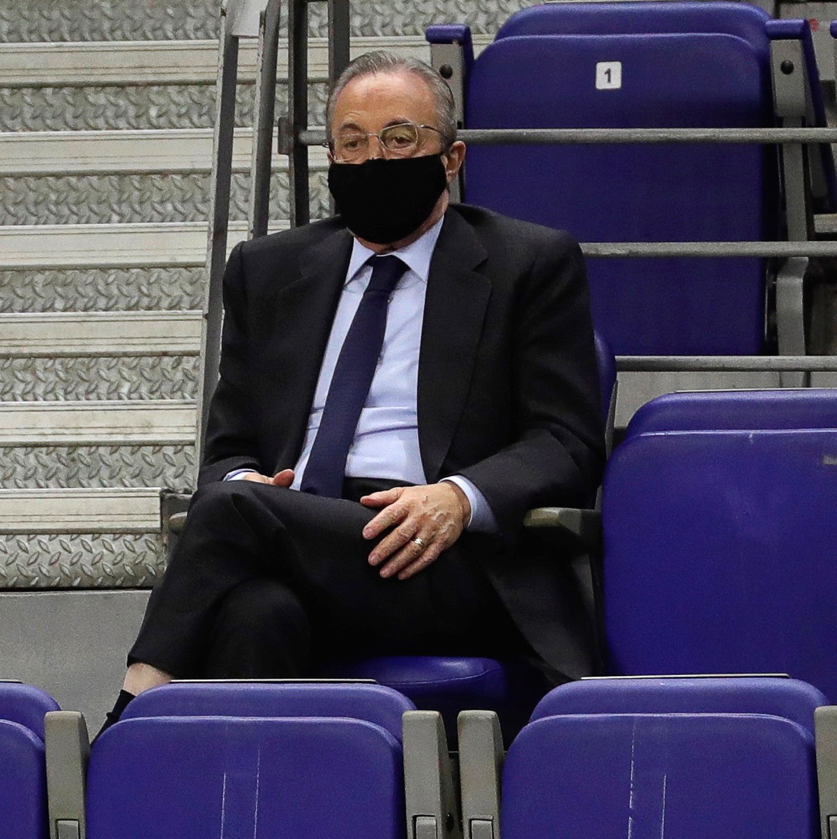 epa08981367 (FILE) - Real Madrid's president Florentino Perez wears a protective face mask during the Euroleague basketball match between Real Madrid and Khimki Moscow in Madrid, Spain, 14 Octobe ...