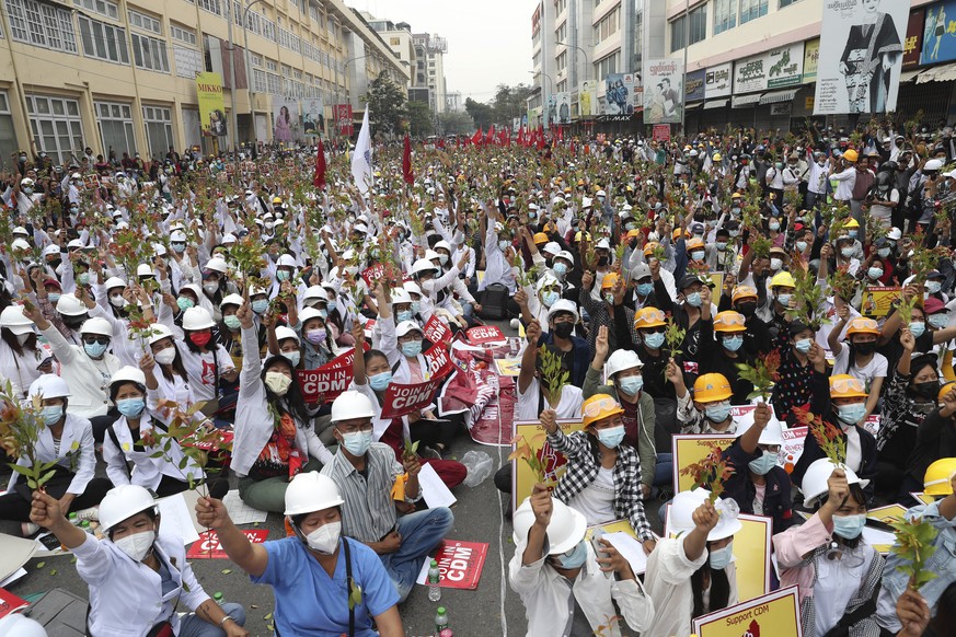 Students from the University of Medicine protest demonstrating by holding the brunches of Eugenia which is in the belief that the uprising is going to have succeeded, during an anti-coup protest in Ma ...