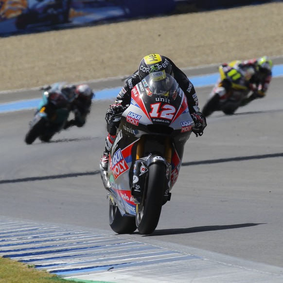 Moto2 rider Thomas Luthi of Switzerland rides during the Andalucia Motorcycle Grand Prix at the Angel Nieto racetrack in Jerez de la Frontera, Spain, Sunday July 26, 2020. (AP Photo/David Clares)