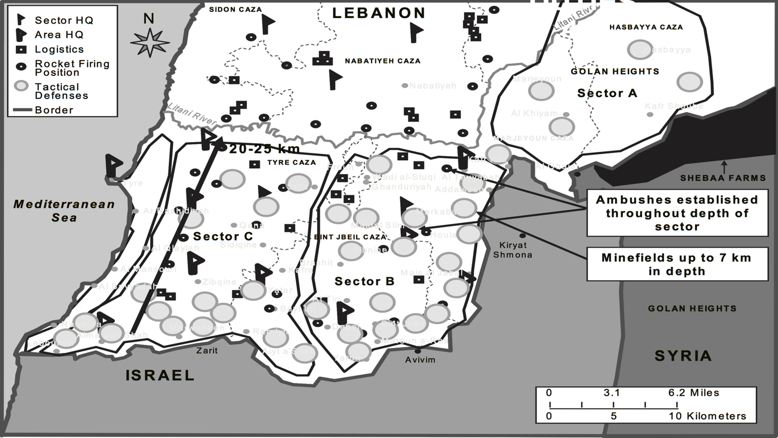 Das Verteidigungssystem der Hisbollah im Südlibanon, 2006. 
https://commons.wikimedia.org/wiki/User:Geagea/Israel/2017_December_29#/media/File:Hezbollah_Defensive_System_in_Southern_Lebanon.png