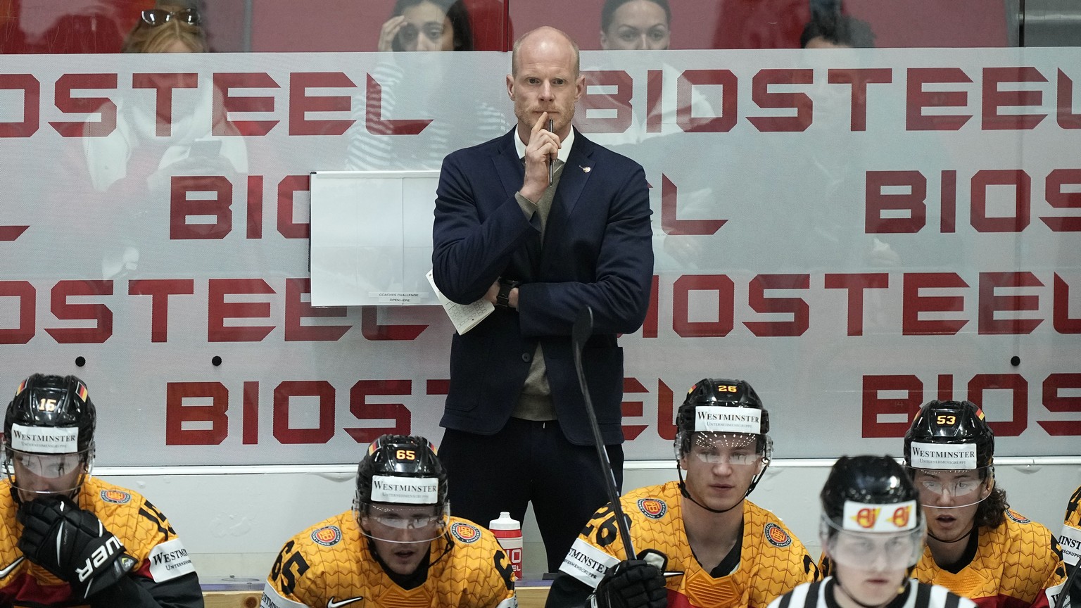 Germany&#039;s head coach Toni Soderholm reacts during the group A Hockey World Championship match between France and Germany in Helsinki, Finland, Monday May 16, 2022. (AP Photo/Martin Meissner)