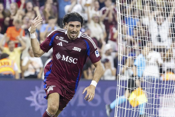 Servette&#039;s forward Enzo Crivelli celebraties his goal after scoring the 2:1, during the Europa Conference League play-offs round second leg soccer match between Switzerland&#039;s Servette FC and ...